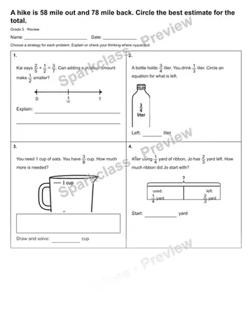 A hike is 58 mile out and 78 mile back. Circle the best estimate for the total. — Review — Grade 5 worksheet preview