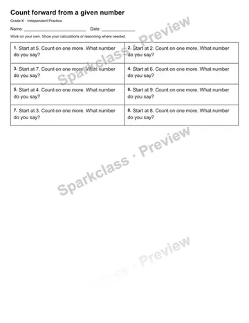 Count forward from a given number — Independent Practice — Kindergarten worksheet preview