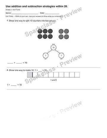 Use addition and subtraction strategies within 20. — Exit Ticket — Grade 2 worksheet preview