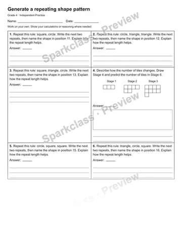 Generate a repeating shape pattern — Independent Practice — Grade 4 worksheet preview