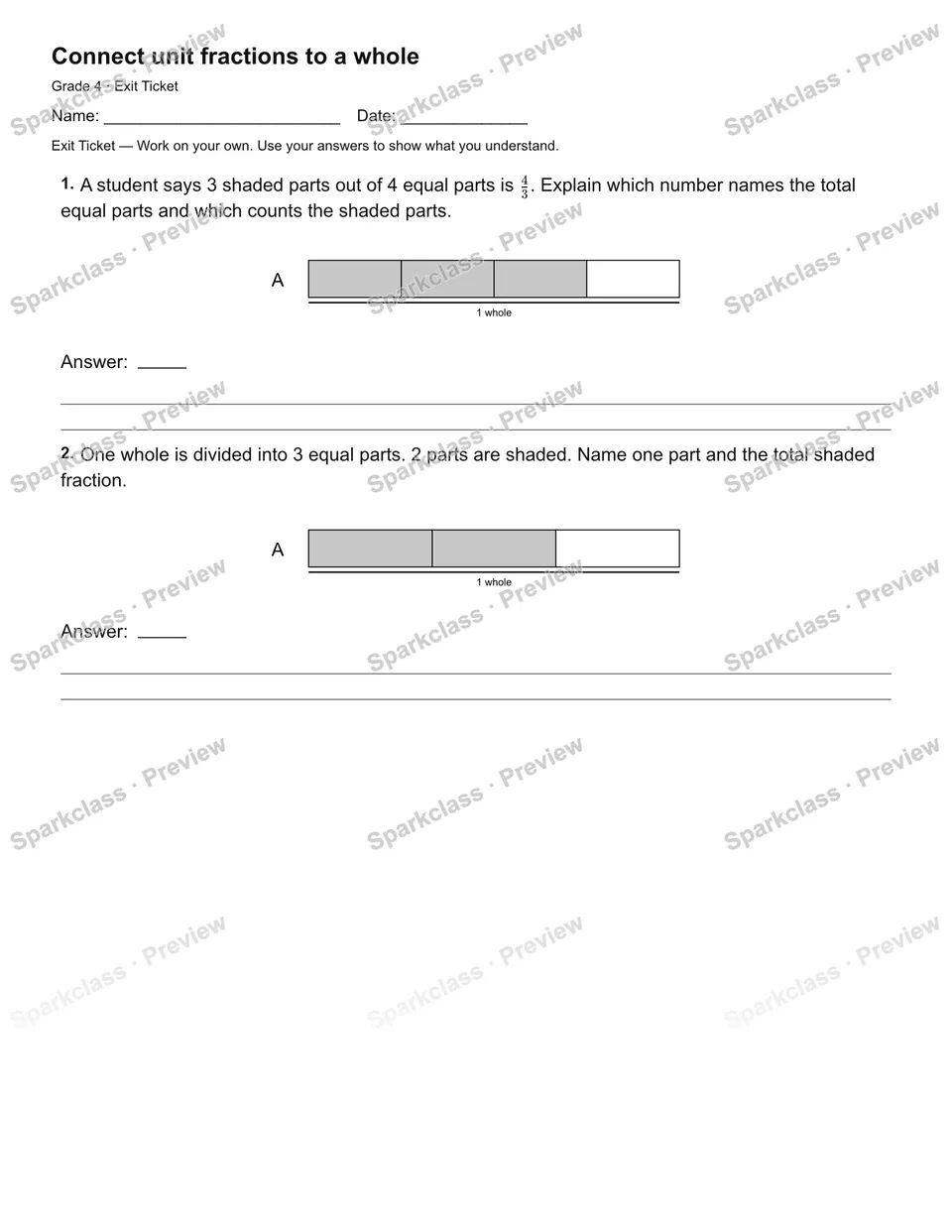 Connect unit fractions to a whole — Exit Ticket — page 1