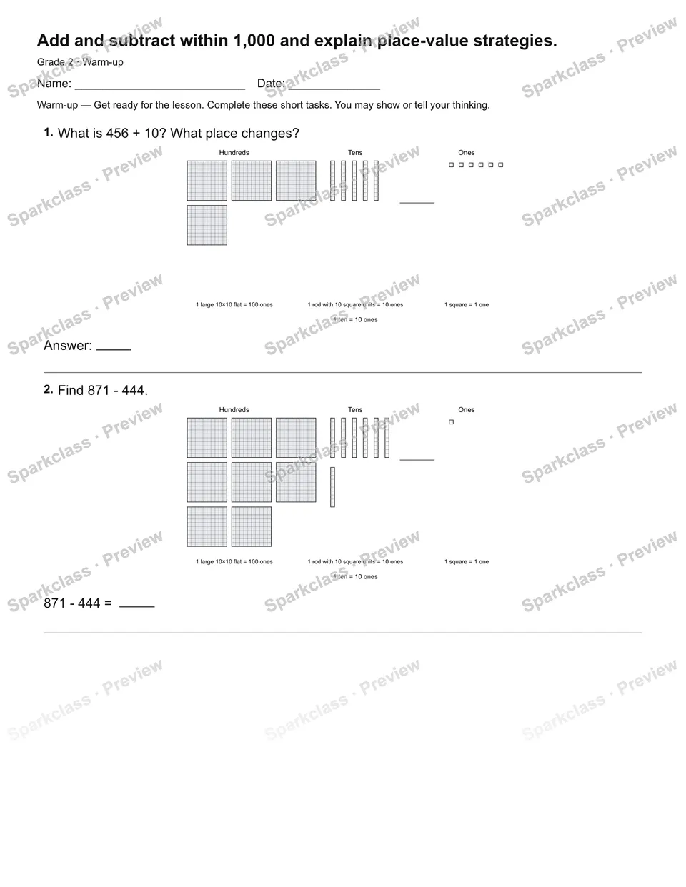 Add and subtract within 1,000 and explain place-value strategies. — Warm-up — page 2