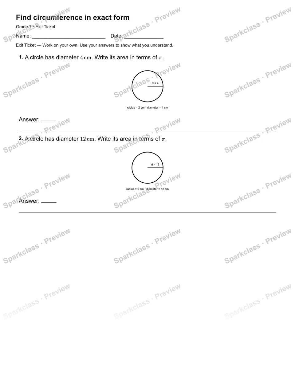 Find circumference in exact form — Exit Ticket — page 2