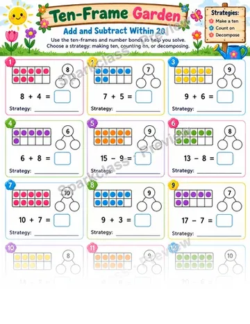 Ten Frame Add Subtract Within 20 — Grade 1 worksheet preview