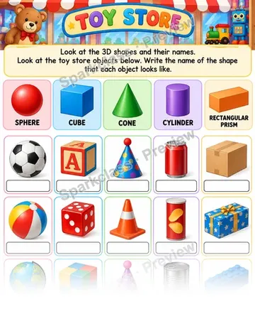 Toy Store · Three-Dimensional Shapes — Kindergarten worksheet preview