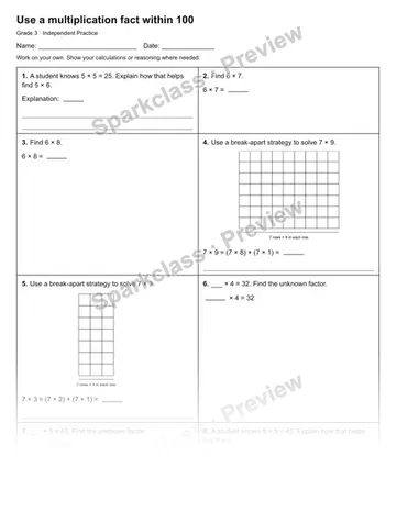 Use a multiplication fact within 100 — Independent Practice — Grade 3 worksheet preview