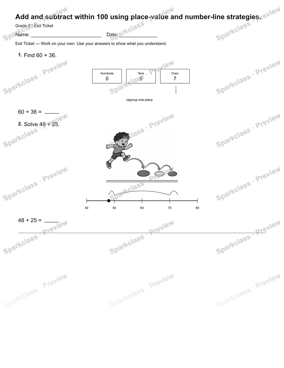 Add and subtract within 100 using place-value and number-line strategies. — Exit Ticket — page 1