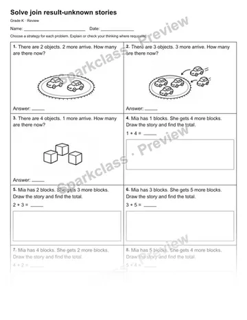 Solve join result-unknown stories — Review — Kindergarten worksheet preview