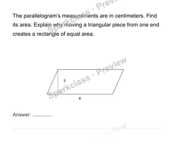 Find parallelogram area by rearranging — Grade 6 problem preview