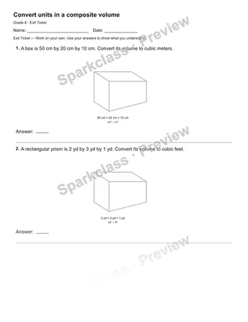 Convert units in a composite volume — Exit Ticket — Grade 8 worksheet preview