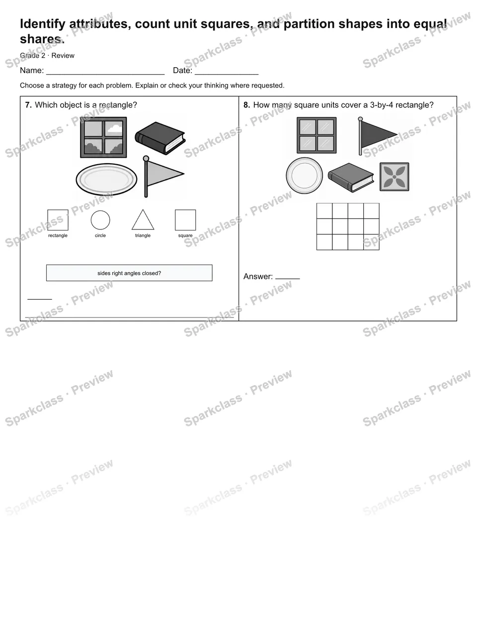 Identify attributes, count unit squares, and partition shapes into equal shares. — Review — page 4