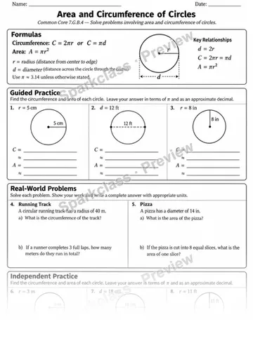 7.G.B.4 · Circle Area and Circumference — Grade 7 worksheet preview