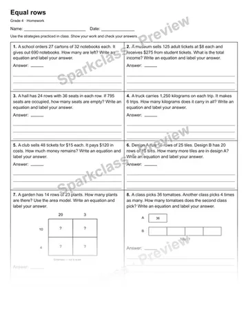 Equal rows — Homework — Grade 4 worksheet preview