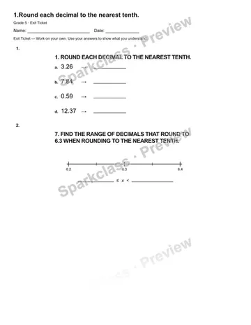 1.Round each decimal to the nearest tenth. — Exit Ticket — Grade 5 worksheet preview