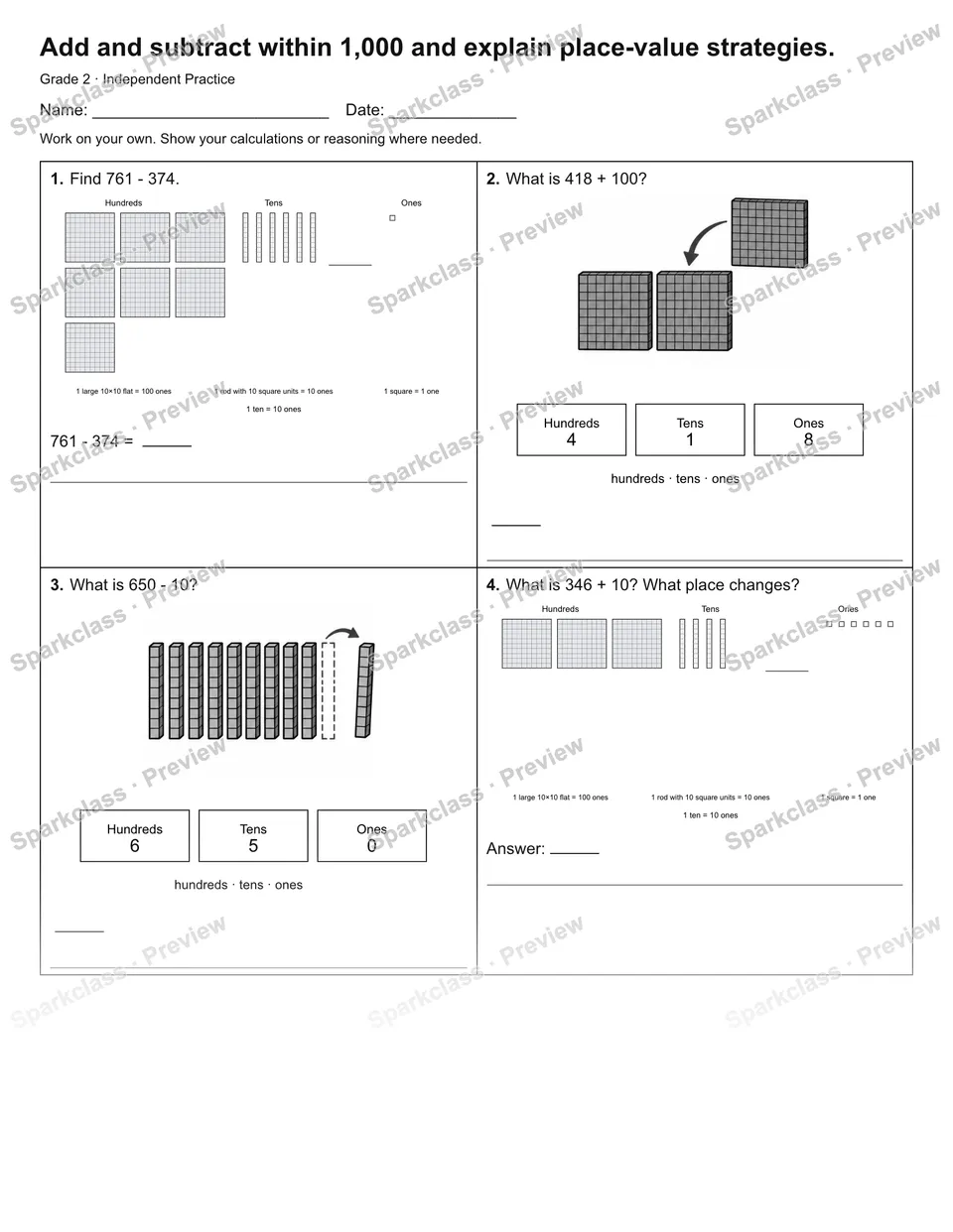 Add and subtract within 1,000 and explain place-value strategies. — Independent Practice — page 1