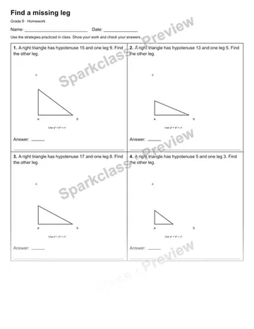 Find a missing leg — Homework — Grade 8 worksheet preview
