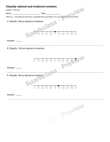 Classify rational and irrational numbers — Warm-up — Grade 8 worksheet preview