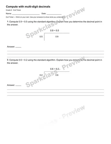 Compute with multi-digit decimals — Exit Ticket — Grade 6 worksheet preview