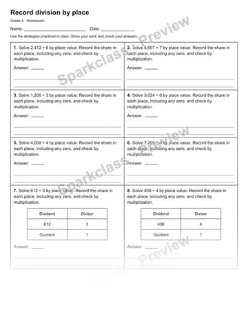 Record division by place — Homework — Grade 4 worksheet preview