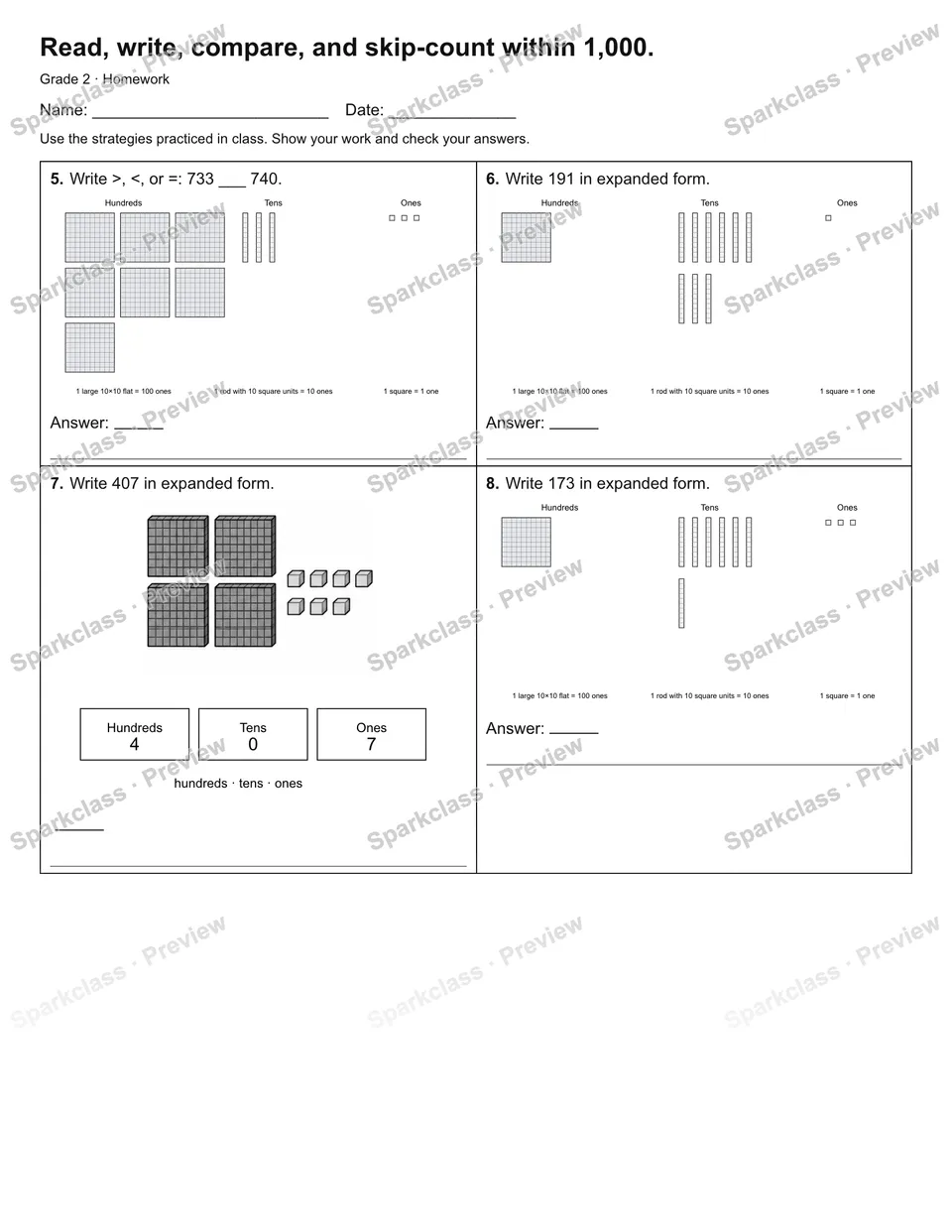 Read, write, compare, and skip-count within 1,000. — Homework — page 2