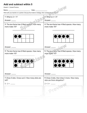 Add and subtract within 5 — Guided Practice — Kindergarten worksheet preview