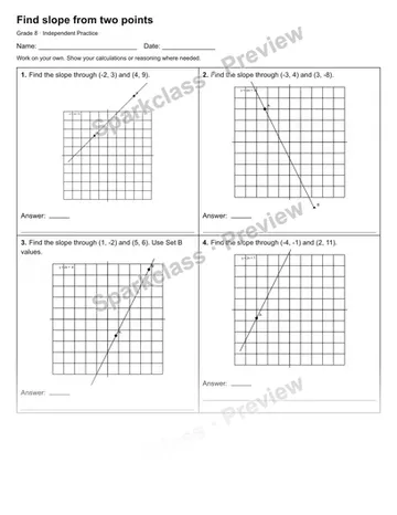 Find slope from two points — Independent Practice — Grade 8 worksheet preview