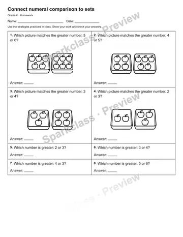 Connect numeral comparison to sets — Homework — Kindergarten worksheet preview