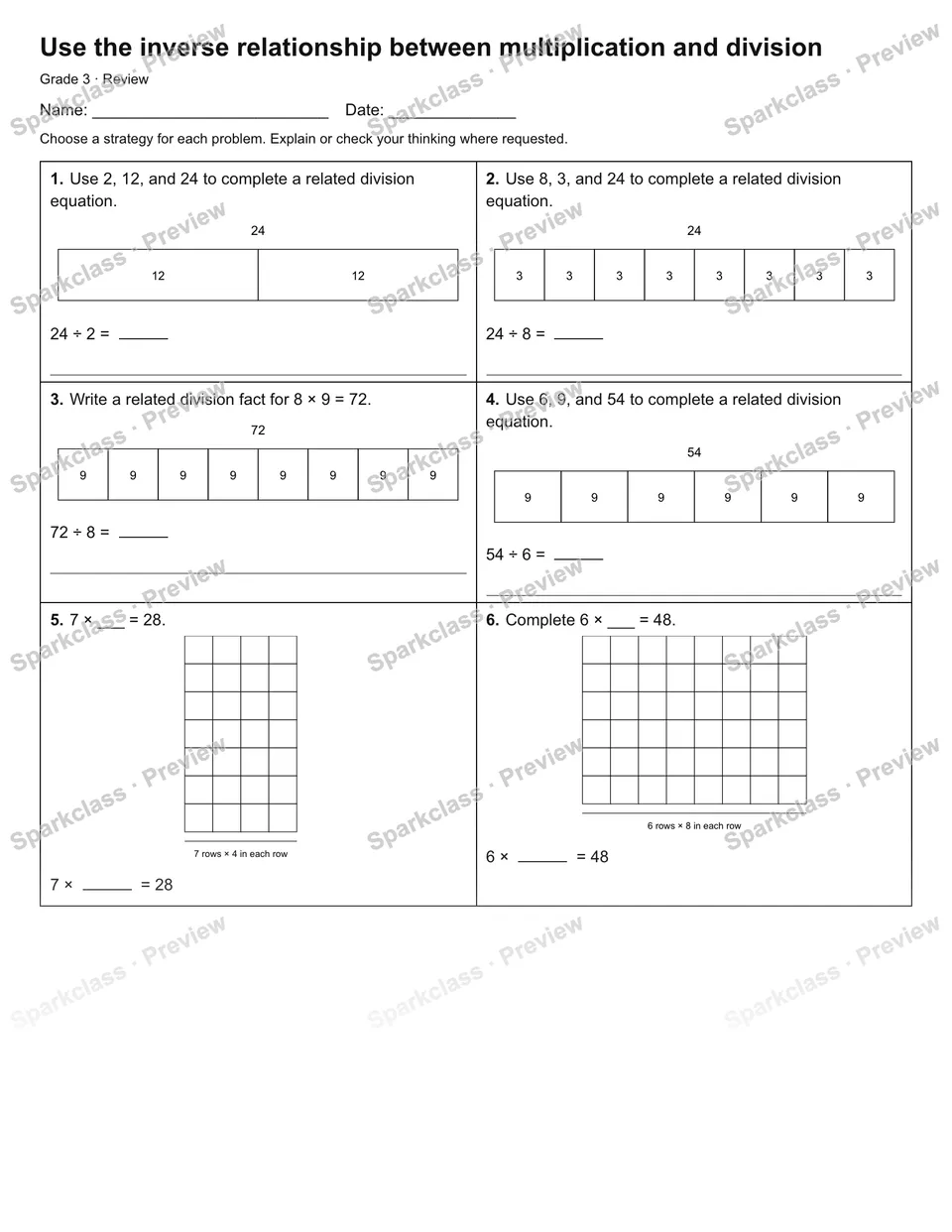 Use the inverse relationship between multiplication and division — Review — page 1