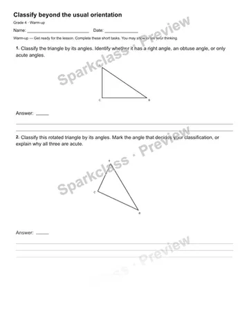 Classify beyond the usual orientation — Warm-up — Grade 4 worksheet preview