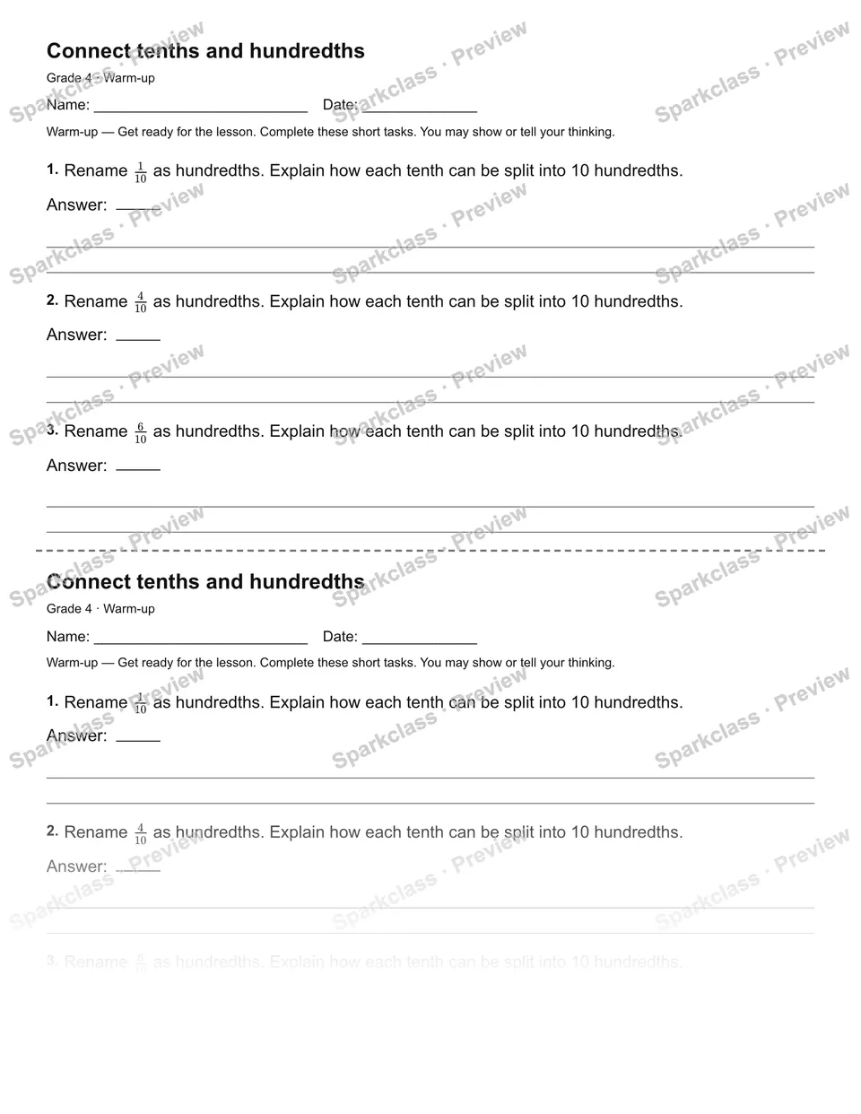 Connect tenths and hundredths — Warm-up — page 1
