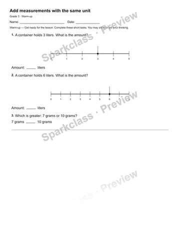 Add measurements with the same unit — Warm-up — Grade 3 worksheet preview