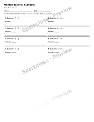 Multiply rational numbers — Homework — Grade 7 worksheet preview