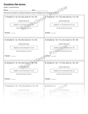 Combine like terms — Guided Practice — Grade 8 worksheet preview