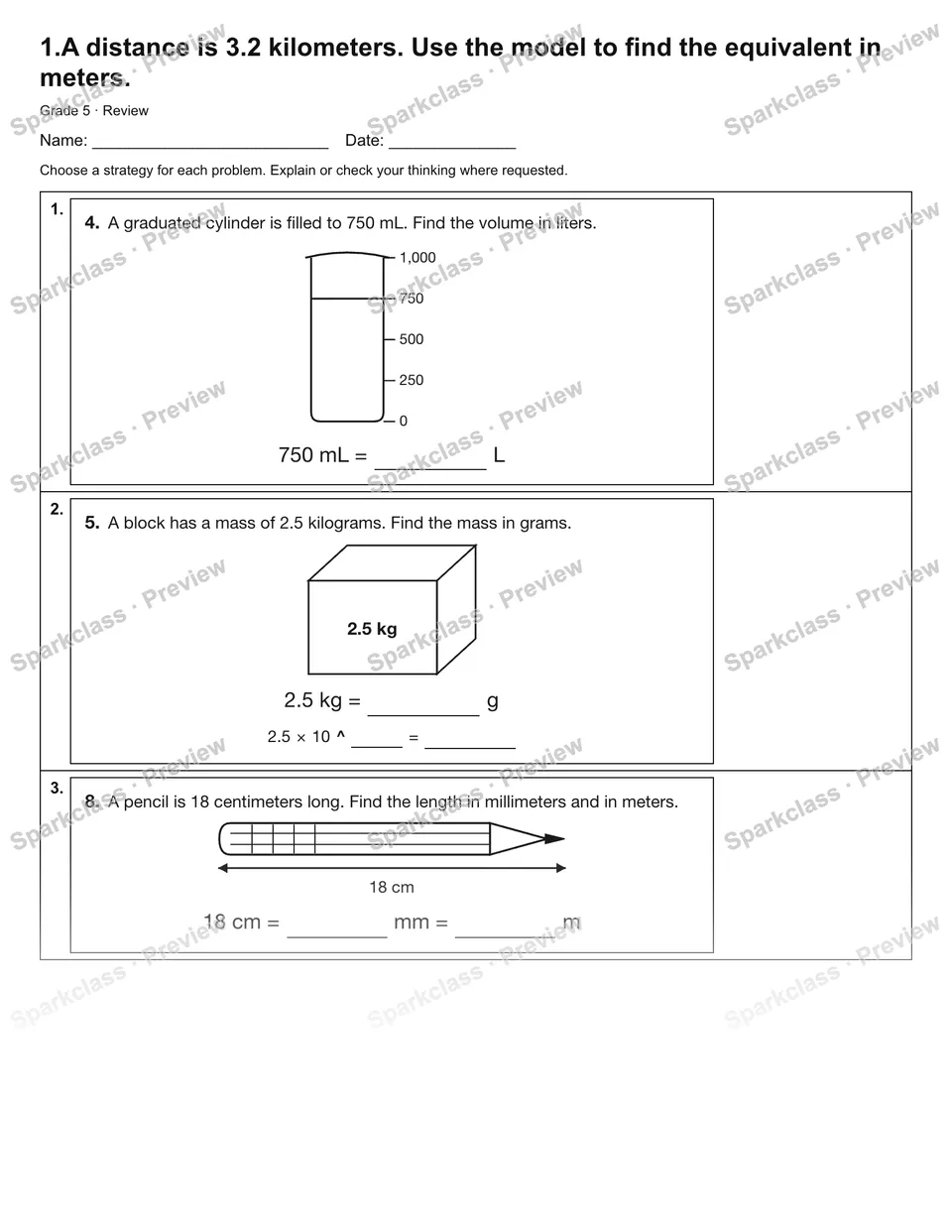 1.A distance is 3.2 kilometers. Use the model to find the equivalent in meters. — Review — page 1