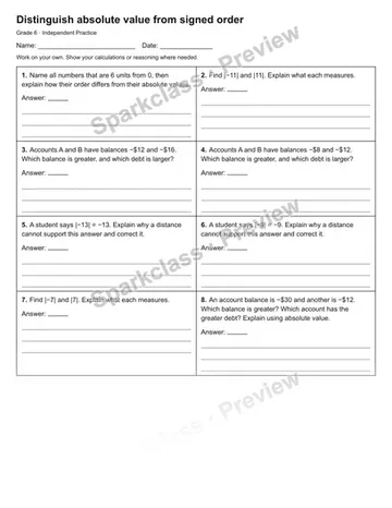 Distinguish absolute value from signed order — Independent Practice — Grade 6 worksheet preview