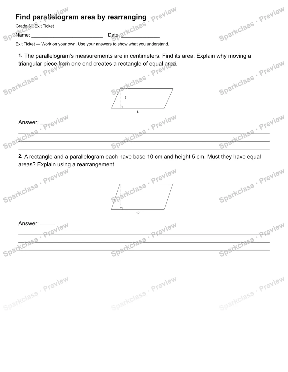 Find parallelogram area by rearranging — Exit Ticket — page 2
