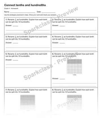 Connect tenths and hundredths — Homework — Grade 4 worksheet preview