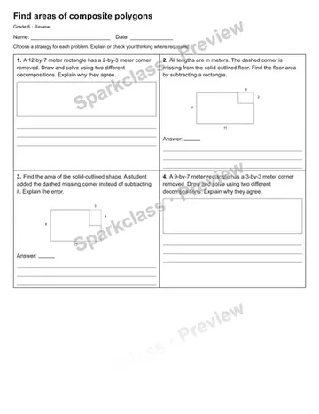 Find areas of composite polygons — Review — Grade 6 worksheet preview