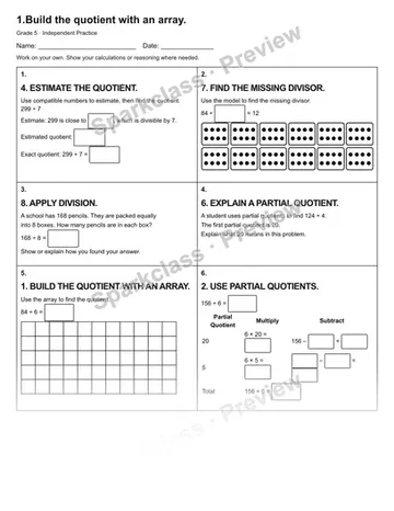 1.Build the quotient with an array. — Independent Practice — Grade 5 worksheet preview