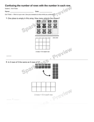Confusing the number of rows with the number in each row. — Exit Ticket — Grade 2 worksheet preview