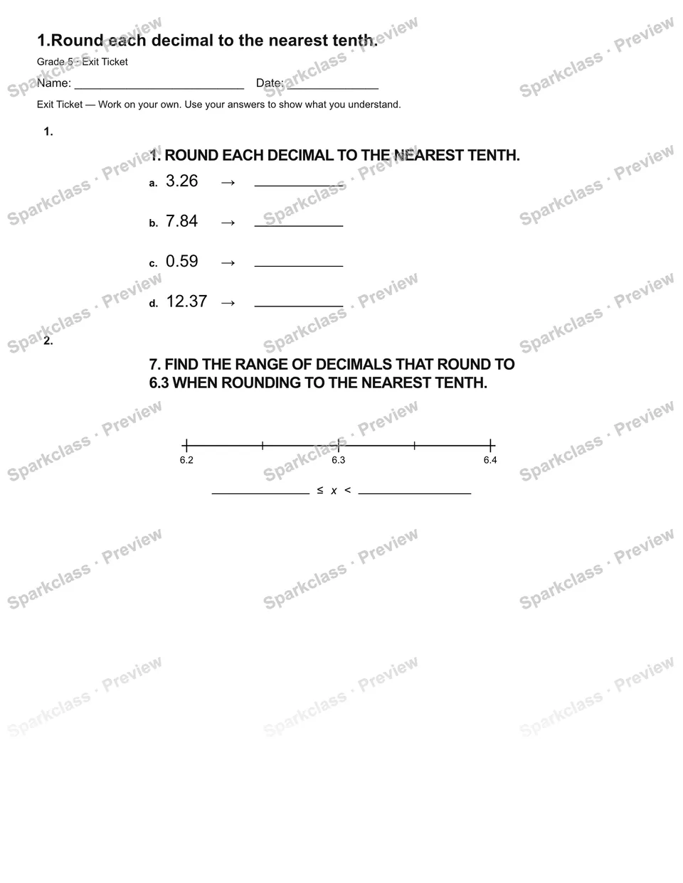 1.Round each decimal to the nearest tenth. — Exit Ticket — page 2