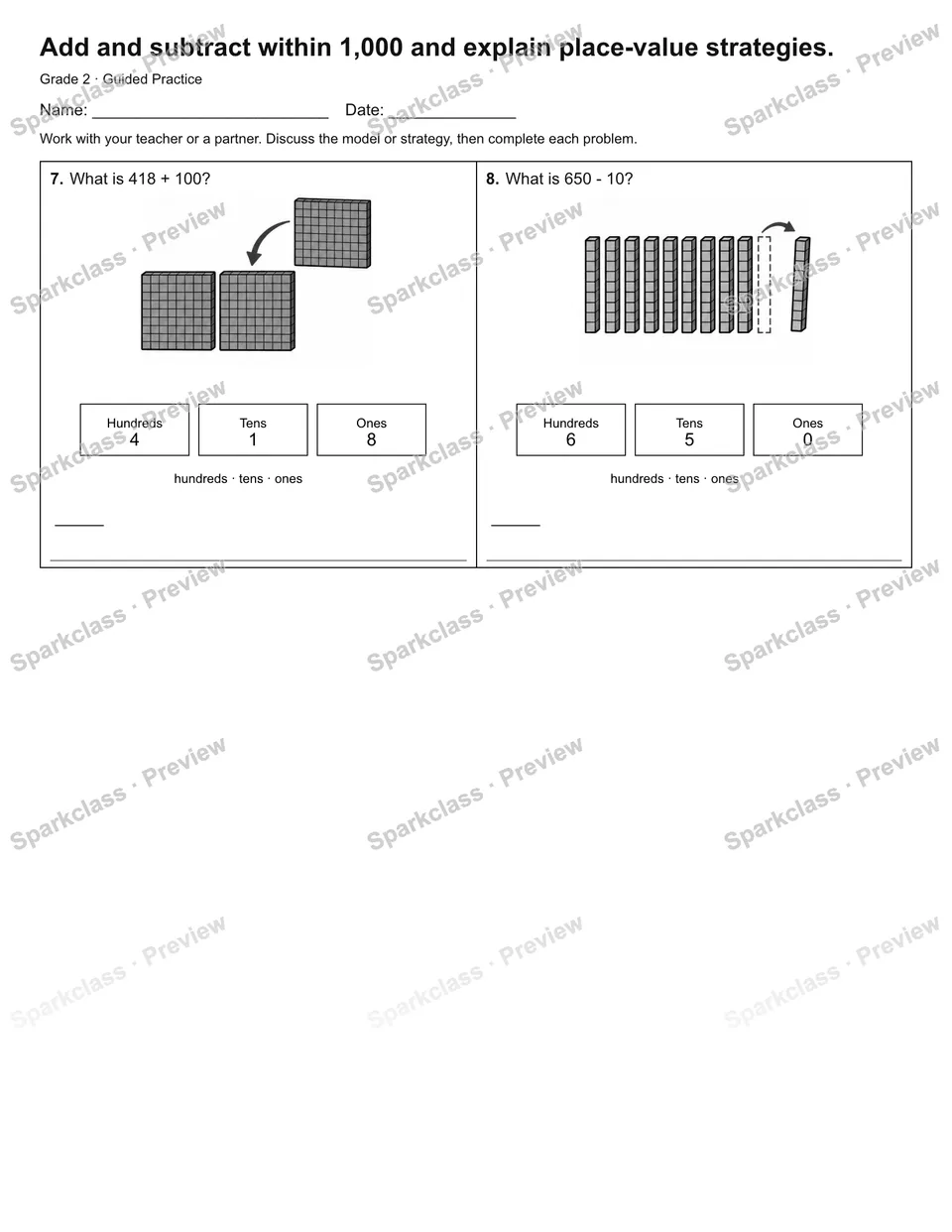 Add and subtract within 1,000 and explain place-value strategies. — Guided Practice — page 2