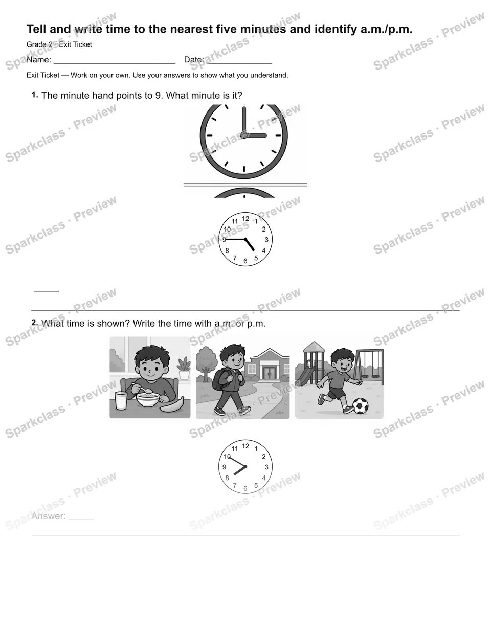 Tell and write time to the nearest five minutes and identify a.m./p.m. — Exit Ticket — page 2