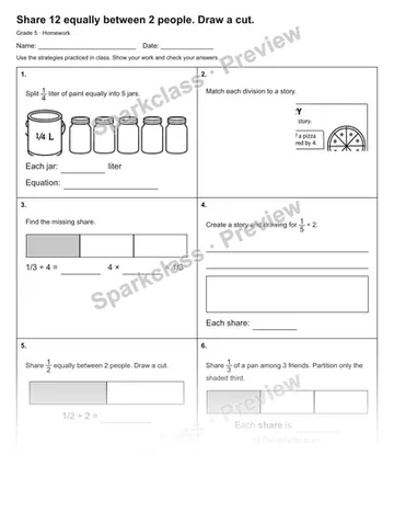 Share 12 equally between 2 people. Draw a cut. — Homework — Grade 5 worksheet preview