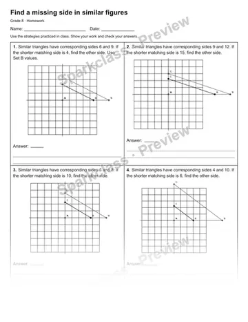 Find a missing side in similar figures — Homework — Grade 8 worksheet preview