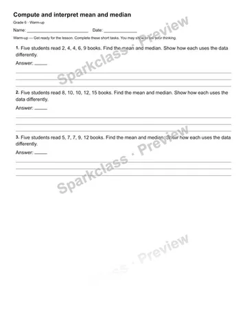 Compute and interpret mean and median — Warm-up — Grade 6 worksheet preview