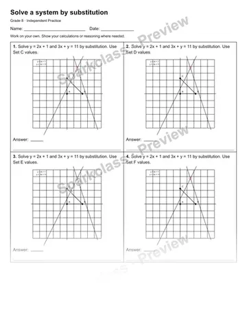 Solve a system by substitution — Independent Practice — Grade 8 worksheet preview