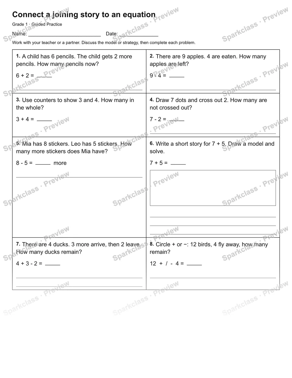 Connect a joining story to an equation — Guided Practice — page 1