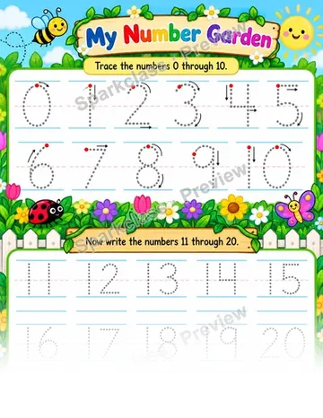 Basic Write Numbers 0–20 · Garden — Kindergarten worksheet preview
