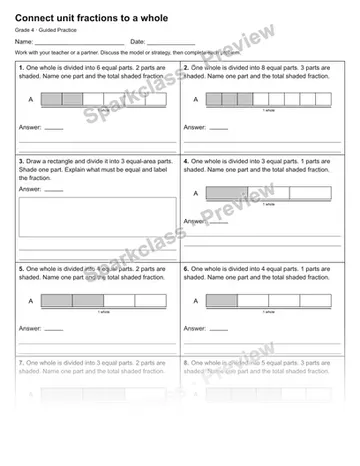 Connect unit fractions to a whole — Guided Practice — Grade 4 worksheet preview